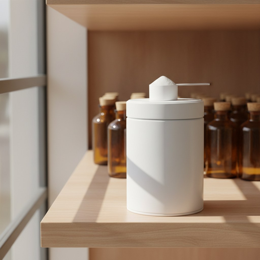 Designs for Health Whole Body Collagen powder canister with measuring scoop on a wooden pharmacy shelf in soft daylight